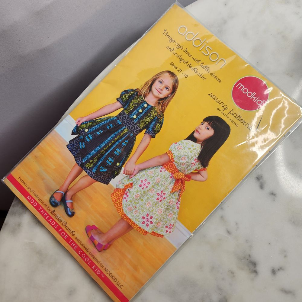 Modkids Addison girls dress pattern 2T-10 vintage style bubble sleeve scalloped